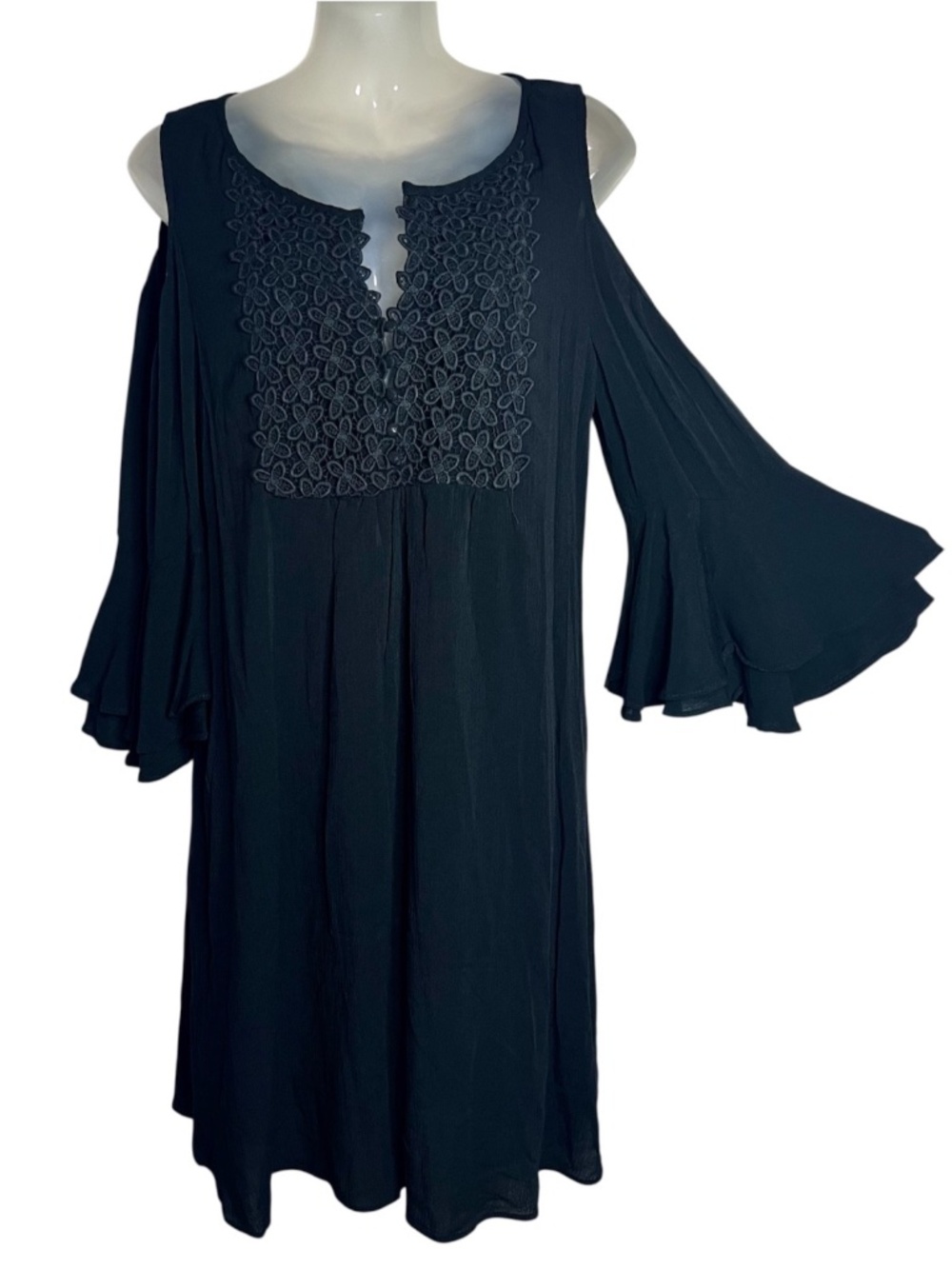 Cupio Black Boho Whimsigoth Cold Shoulder Dress Bell Sleeve Crochet Crinkle